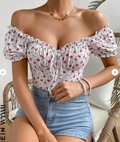 SHEIN WYWH Bodysuit impressão floral dits fora do ombro acabamento de folho nó frontal busto franzido | SHEIN Brasil