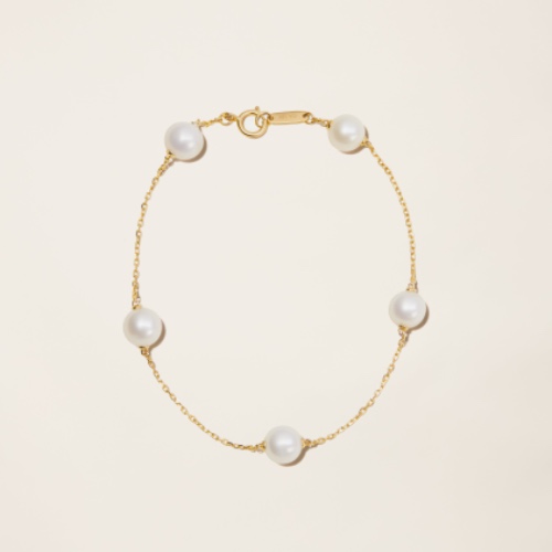 14k Solid Gold Cultured Pearl Station Bracelet - Yellow Gold