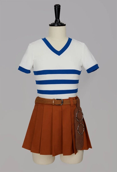 OP Nami Cosplay Costume Striped V Neck Short Sleeve Top and Skirt with Belt