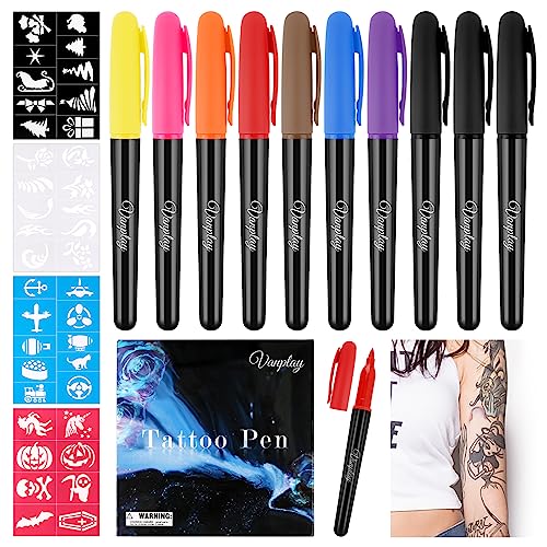 Temporary Tattoo Body Markers for Skin with 10 Tattoo Pen and 4 Tattoo Stencils Tattoo Kit Tattoo Markers for Teen Girls Boys Adult Kids Fancy Dress Christmas Gifts