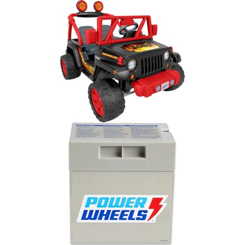 Bundle of Power Wheels Tough Talking Jeep Wrangler Ride-On Toy with Sounds & Microphone, Preschool Toy, Multi-Terrain Traction, Seats 2, Black & Red + Replacement Battery 12-Volt 12-Ah Rechargeable - Tough Talking Jeep + Battery