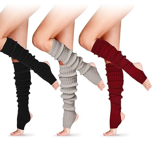 SATINIOR Long Stirrup Yoga Leg Warmers 24 Inch over the Knee Ribbed Knit Leg Warmer for Women 80s Party Dance Sports - One Size - Black, Gray, Wine Red - 3