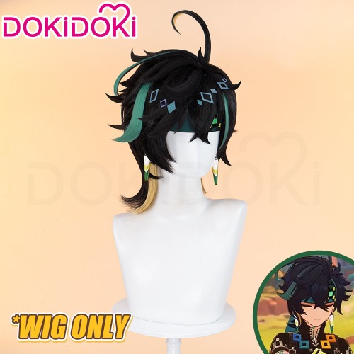DokiDoki Game Genshin Impact Cosplay Kinich Wig Short Black Green / Yellow Highlights | Wig Only-Order Processing Time Refer to Description Page