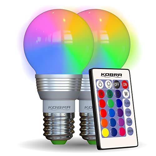 Kobra LED Color Changing Light Bulb with Remote Control - 16 Different Color Choices Smooth, Fade, Flash or Strobe Mode - Smart Remote Lightbulb - RGB & Multi Colored - 2 Count (Pack of 1)