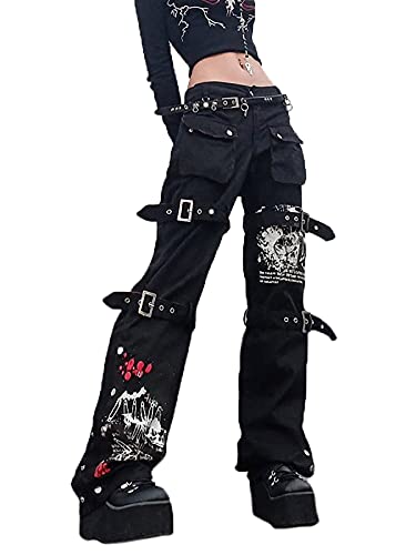 Women's Goth Baggy Jeans Wide Leg E-Girl Grunge Gothic Pants Harajuku Y2k Tripp Pants Punk Streetwear - A2 - Small