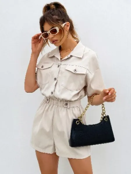 Buttoned Front Pocket Patched Shirt Romper