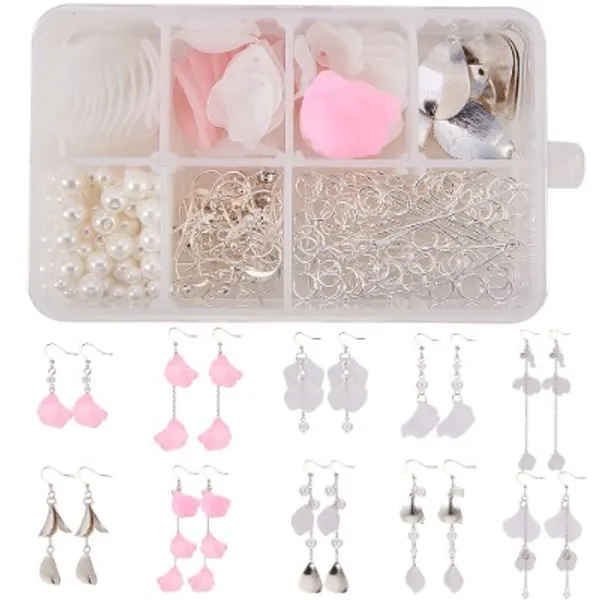 SUNNYCLUE 1 Box DIY 10 Pairs Frosted Acrylic Calla Lily Flower Dangle Earring Making Kits Pink White Acrylic Flower Beads Caps Pendants, Pearl Bead, Earring Hook Jewelry Findings Supplies, Instruction