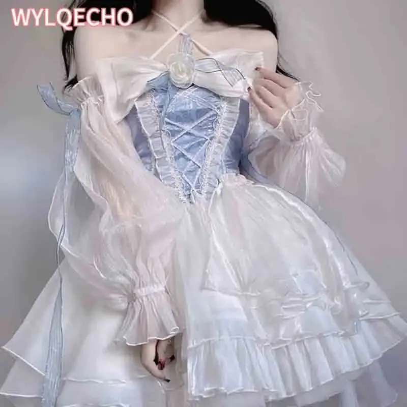 French Romantic Style Lolita Op Elegant Girl Cosplay Princess Puff Sleeve Ribbon Bowknot Flower Tunic Mesh Fantastic Fairy Dress