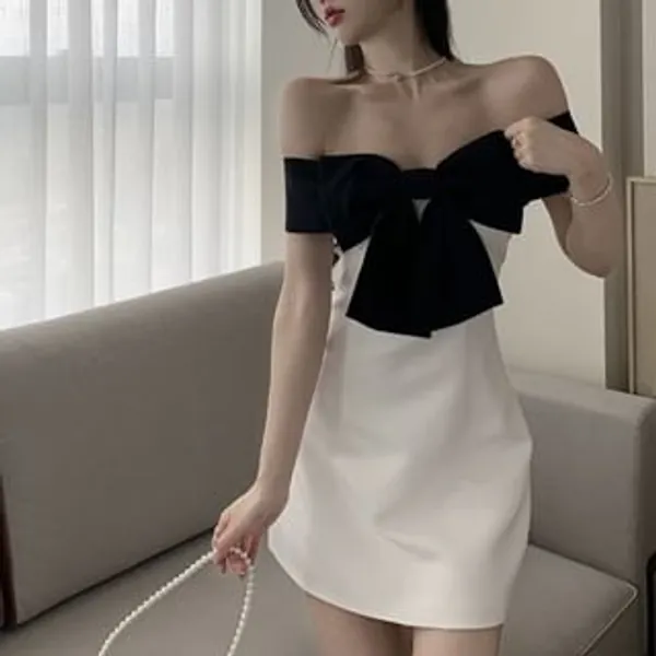 Off-Shoulder Two-Tone Mini A-Line Dress