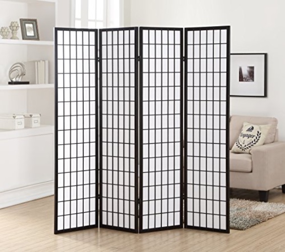 Roundhill Furniture Oriental Shoji 4 Panel Screen Room Divider, Black