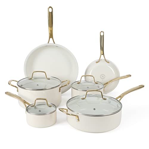 Martha Stewart Lockton Premium Nonstick PFA Free Ceramic Interior 10 Piece Heavy Gauge Enamel Aluminum Pots and Pans Cookware Set - Linen White w/Gold Handle - 10-Piece Ceramic Nonstick Set - Linen w/ Gold Handle
