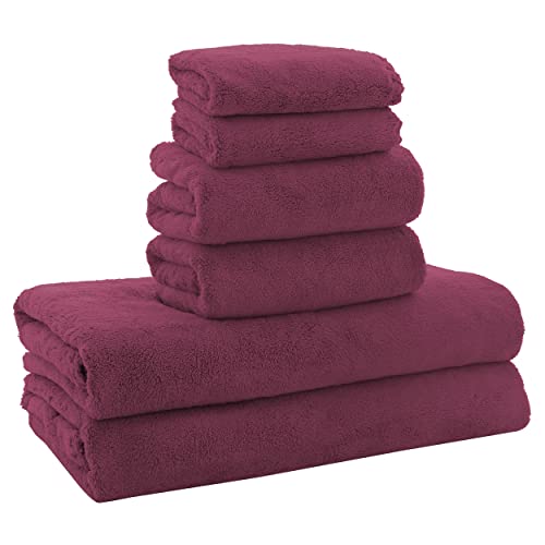 MOONQUEEN Ultra Soft Microfiber Coral Velvet Towel Set - Quick Drying, 2 Bath Towels, 2 Hand Towels, 2 Washcloths - Burgundy, 6 Pcs - Burgundy