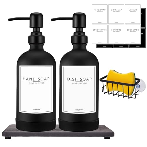 NEECZS Kitchen Soap Dispenser Set with Instant Dry Tray & Sponge Holder,16 Oz Hand and Dish Soap Black Glass Dispenser Set,Stainless Steel Pump,Waterproof Labels,Luxury Soap Bottle for Bathroom - Black Bottle+black Pump