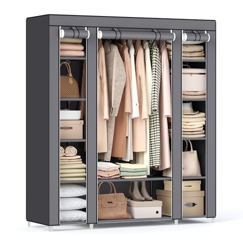 SONGMICS Closet Wardrobe, Portable Closet for Bedroom, Clothes Rail with Non-Woven Fabric Cover, Clothes Storage Organizer, 59 x 17.7 x 69 Inches, 12 Compartments, Gray ULSF03G - Grey