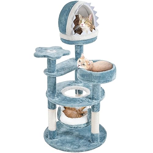 Yaheetech 45.5in Ocean-Themed Cat Tree Multi-Level Cat Tower, Plush Furniture with Shark's Mouth-Shaped Nest, Sea Star-Shaped Perch, Jellyfish-Style Hammock for Indoor Kitty - Blue / White - 45.5in
