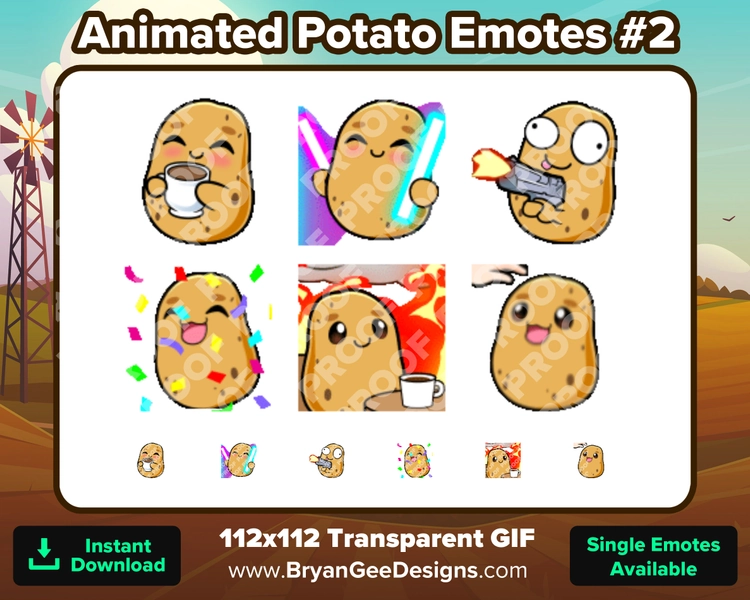 Animated Potato Twitch Emotes Sip Rave Dance Gun Hype Party This is Fine Head Pat