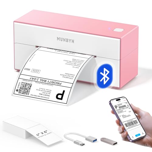 MUNBYN Bluetooth Thermal Label Printer, 4x6 Shipping Label Printer for Shipping Packages, Compatible with iOS, Android, PC, Mac, Chrome OS, Etsy, Ebay, Shopify, Amazon, USPS and More - Bluetooth+USB - Pink