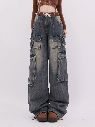 Distressed Washed Multi-Pocket Jeans | Blue / S