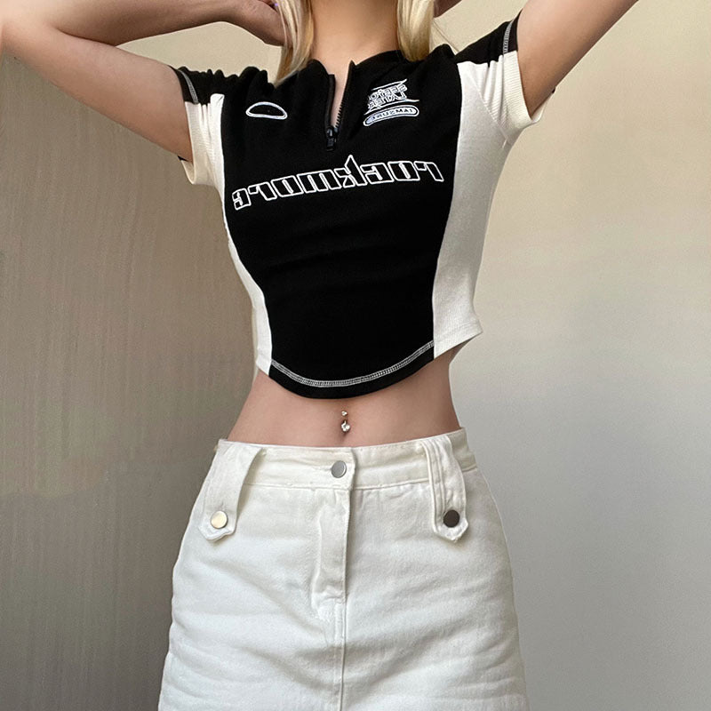 Contrasting Zip-Up Crop Top | Black / S