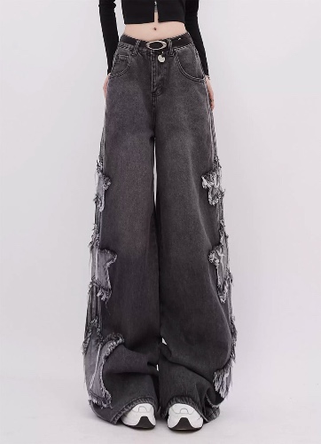 Patch Embroidered Star Wide Leg Jeans | Black / M