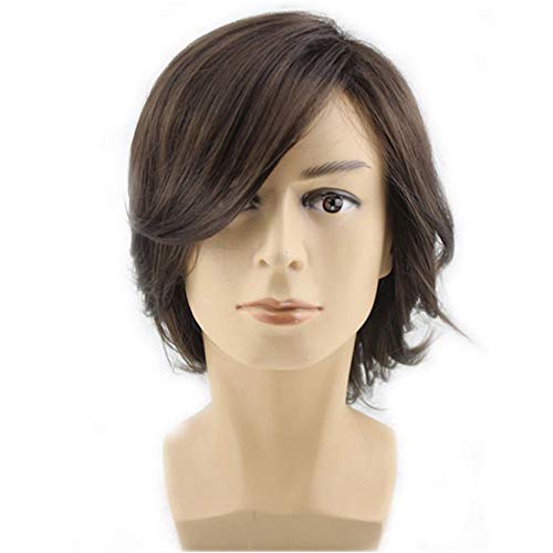 BERON Men's Medium Style Wavy Bouncy Side Swept Fringe Bang Hairstyle Wig with Wig Cap Dark Brown - Dark Brown