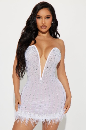 Glammed Up Embellished Mini Dress - White | M