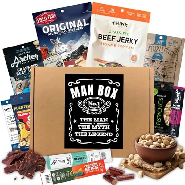 Man Box Jerky Gift Box - High Protein Snacks for Men, Father's Day Gift, Curated Beef Jerky Assortment for Dad, Husband, Low Carb Keto Gift Basket