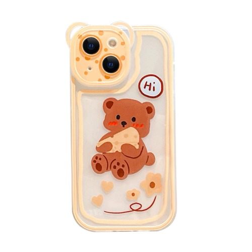 Ownest Compatible with iPhone 13 Case Transparent Cute Bear Head Pattern Bear Ear Lens Protection Design for Women Girls Fashion Slim Soft Flexible TPU Rubber for iPhone 13-Yellow