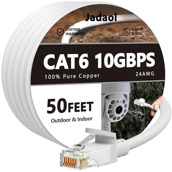Cat 6 Outdoor Ethernet Cable 50 ft, Support Cat8 Cat7 Network, 10Gbps 24AWG Pure Copper, Direct Burial Waterproof In-Ground UV Resistant LAN Internet Patch Cable for Router, Modem, PS4/5, Xbox, Gaming - 50ft - Round - White