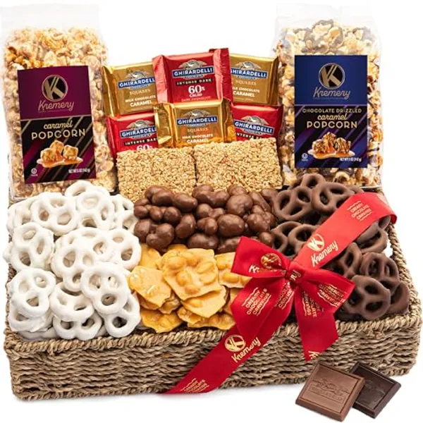 KREMERY Creamy Chocolate Cravings - Chocolate Covered Pretzels & Caramel Popcorn Gift Basket in Seagrass Tray + Ribbon (Large 3.5 LB) Appreciation Birthday Sweet Treats - Kosher Dairy - Chocolate Gift Basket - Large