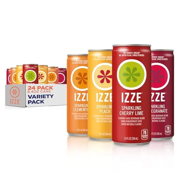 IZZE Sparkling Juice, 4 Flavor - Sunset Variety Pack, 8.4 Fl Oz Can (Pack of 24) Peach, Clementine, Cherry Lime, Pomegranate - Sunset Variety Pack - 8.4 Fl Oz (Pack of 24)