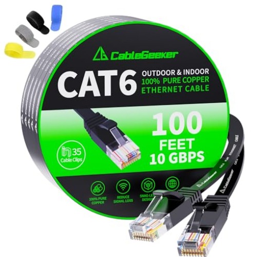 Cat 6 Ethernet Cable 100 ft, Indoor&Outdoor, High Speed 10Gbps Flat Internet Network Cable, Cat6 Ethernet Patch Cable Long, Black Computer LAN Cable with Clips & Straps for Router, Modem, PS4/5 - Black - 100ft