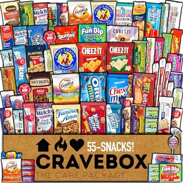 CRAVEBOX Snacks Box Variety Pack Care Package (55 Count) Finals Treats Gift Basket Boxes Pack Adults Kids Grandkids Guys Girls Women Men Boyfriend Candy Birthday Cookies Chips Teenage Mix College Student Food Sampler Office School