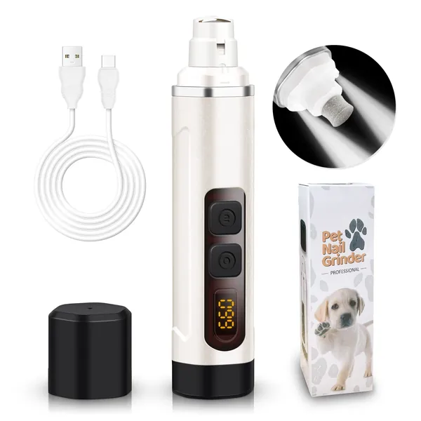 Pet Dog Nail Grinder: Upgraded WXY Cat Dog Nail Trimmers 10H Grinding Time | Dog Nail Clipper with 2 LED Lights Power Display | USB Rechargeable Pet Nail Clippers for Small Large Dogs Cats Breed Nails - 