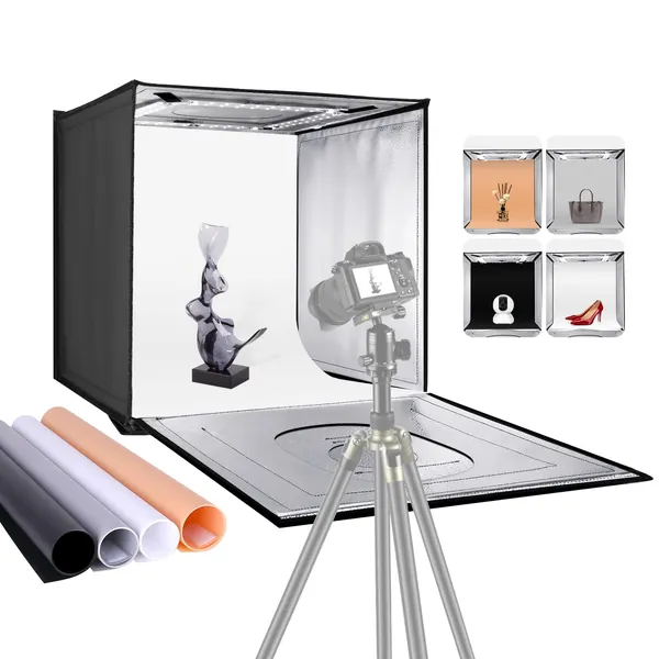 NEEWER Photo Studio Light Box, 20” x 20” Shooting Light Tent with Adjustable Brightness, Foldable and Portable Tabletop Photography Lighting Kit with 80 LED Lights and 4 Colored Backdrops - 