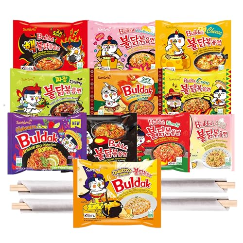 Samyang Ramen Noodles Variety Pack - 10 Flavors of Fire Instant Spicy Noodles Gift Snack Pack includes 2 pair Chopsticks and a FREE CHUBBY PANDA Sticker - 10 Flavors Mouthwatering