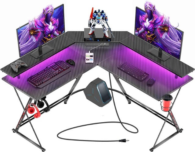 SEVEN WARRIOR Gaming Desk 50.4” with LED Lights & Power Outlets, L-Shaped Gaming Desk Carbon Fiber Surface with Monitor Stand, Ergonomic Gamer Table with Cup Holder, Headphone Hook, Black - 50.4 INCH