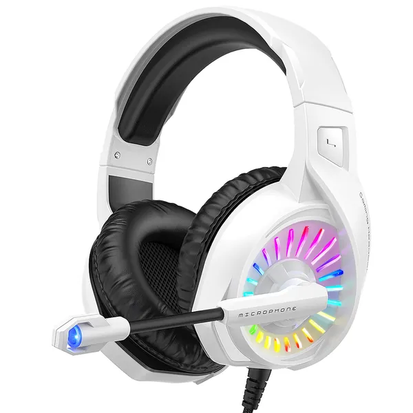 ZIUMIER Z20 White Gaming Headset for PC PS4 PS5 Xbox One Controller, Wired Over-Ear Headphone with Noise Canceling Microphone, RGB LED Light, Bass Surround Sound - White