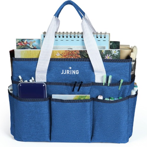JJRING Craft Organizer Tote Bag, Large Art Storage Caddy with Multiple Pockets, Blue Sewing Bag for Art, Craft, Scrapbooking, School, Medical, and Office Supplies Storage - Blue Large