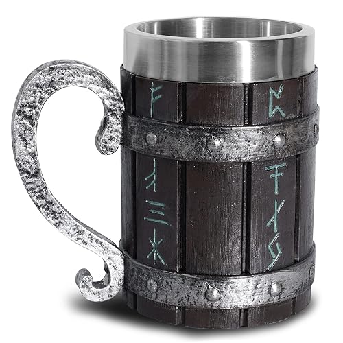 Ottalent Nordic Viking Mug,Oak Wooden Beer Stein Stainless Steel Liner,Nordic mythology Viking Runes Tankard Coffee Cup for Men Father’s Day Gift 18oz. - Runes