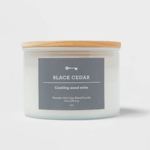 Milky White Glass Glass Woodwick with Wood Lid and Stamped Logo Black Cedar - Threshold