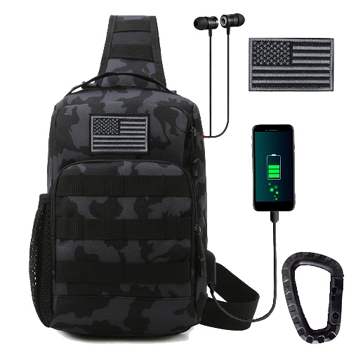 Tactical Shoulder Bag,Molle Shoulder Backpacks,Military Sling Daypack Backpack with USB Charging port - Black