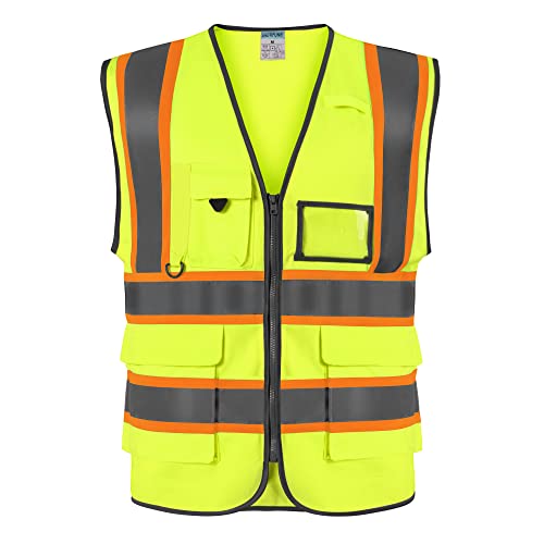SHORFUNE High Visibility Safety Vest with Pockets, Mic Tab, Reflective Strips and Zipper, ANSI/ISEA Standards - Yellow - X-Large