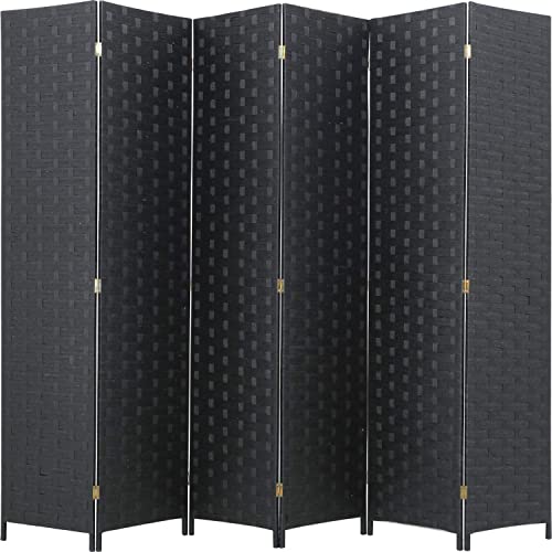 FDW Room Divider Wood Screen 6 Panel Folding Portable Partition Screen Wood Mesh Woven Design Room Screen Divider Screen Wood for Home Office (Black) - 6 Panel - Black