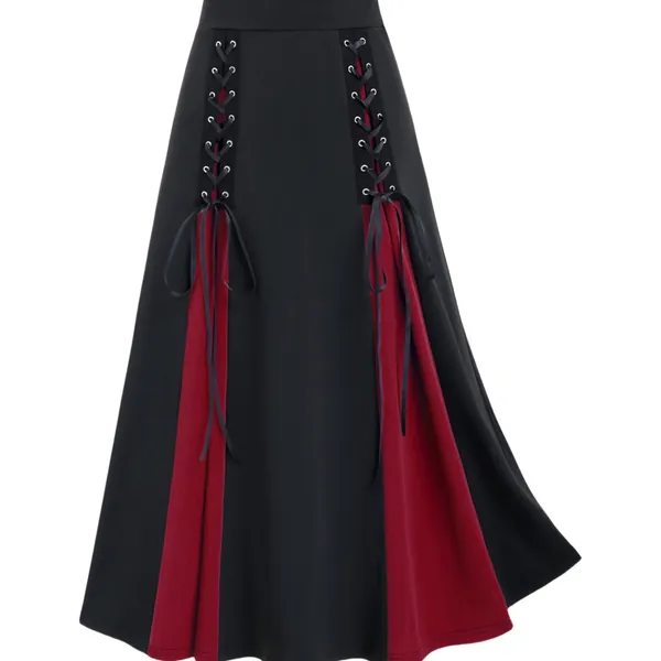 Vintage Colorblock Pleated Tie Front Skirt, Casual High Waist Skirt For Spring &amp; Summer, Women's Clothing