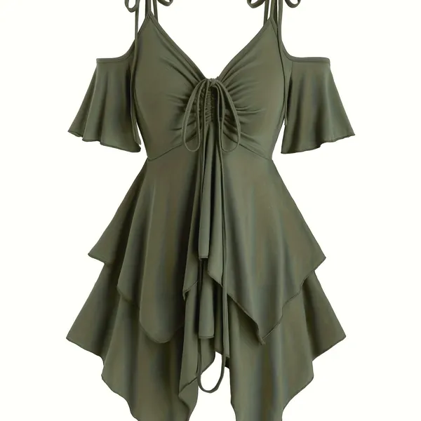 Solid V Neck Cold Shoulder Drawstring T-shirt, Casual Asymmetrical Hem T-shirt For Summer, Women's Clothing