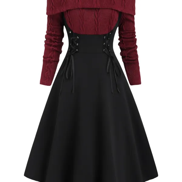 Color Block Off Shoulder Dress, Elegant Vintage Long Sleeve Dress, Women's Clothing