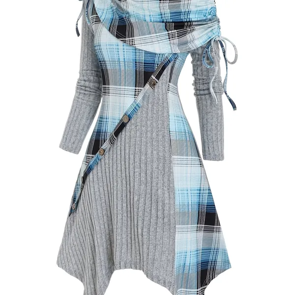 Contrast Plaid Cowl Neck Dress, Vintage Long Sleeve Asymmetrical Dress, Women's Clothing