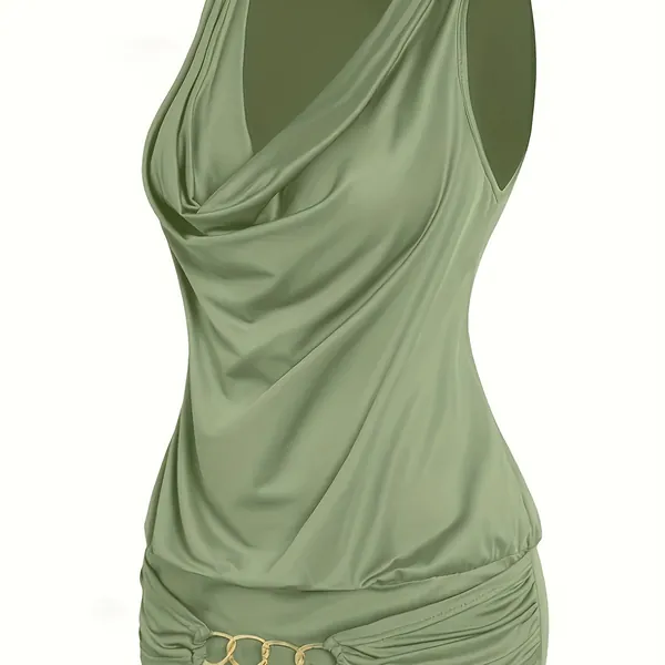 Chain Detail Cowl Neck Tank Top, Casual Sleeveless Ruched Top For Spring &amp; Summer, Women's Clothing
