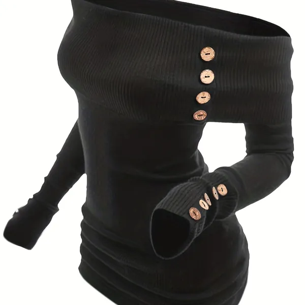 Button Decor Off Shoulder Pullover Sweater, Elegant Long Sleeve Slim Sweater, Women's Clothing